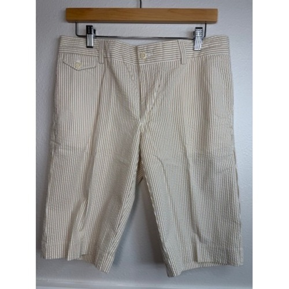 Ralph Lauren Sport Womens Khaki White Seersucker Striped Bermuda Shorts Size 6